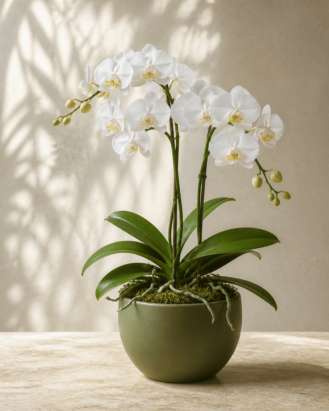 Orquídea branca em um vaso verde, iluminada pela luz natural. Imagem ilustrativa.